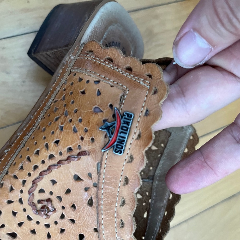 Pikolinos Tan Leather Laser Cut Perforated Slingback Block Heel Sandals Spain 39 - Picture 4 of 7